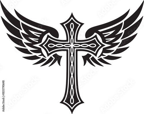 Christian cross with wings vector illustration gothic style religion sign angel wing symbol tattoo design for churches and belief
