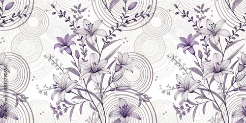 Elegant floral pattern featuring purple lilies and circular designs on a soft white background.