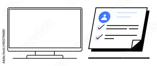 Computer monitor alongside document featuring a user profile and checklist marks. Ideal for digital identity, task management, data review, online assessments, technology, productivity, paperwork
