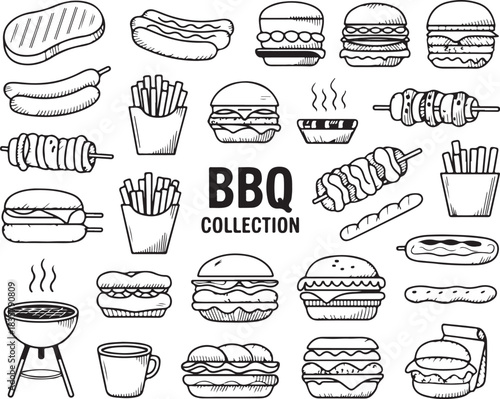 Barbecue Food Collection of Meats Sausages Burgers Kebabs and Fries in Hand Drawn Sketch Style Illustration on Transparent Background