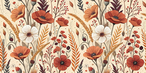 Elegant floral pattern featuring poppies and autumn foliage in warm earthy tones.