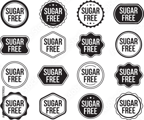 Sugar Free Stamp Collection of Various Shapes and Styles for Healthy Diet Products in Black and White Style on Transparent Background