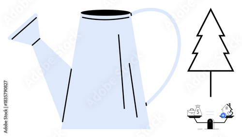 Gardening concept. Gardening tools thumbs up watering cans encourage plant growth and environmental sustainability. Gardening promotes eco-conscious living and resource conservation. Suitable