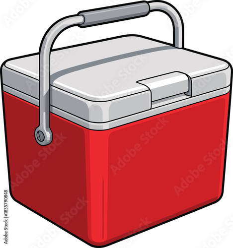 Portable cooler, red container, gray lid, picnic gear, camping box, beverage storage, outdoor item, vector art, flat design, travel accessory