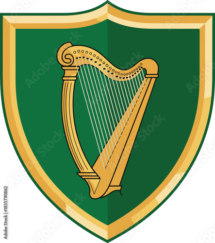 Irish harp, heraldic shield, green background, gold border, national emblem, Celtic symbol, vector art, flat design, cultural icon, traditional motif
