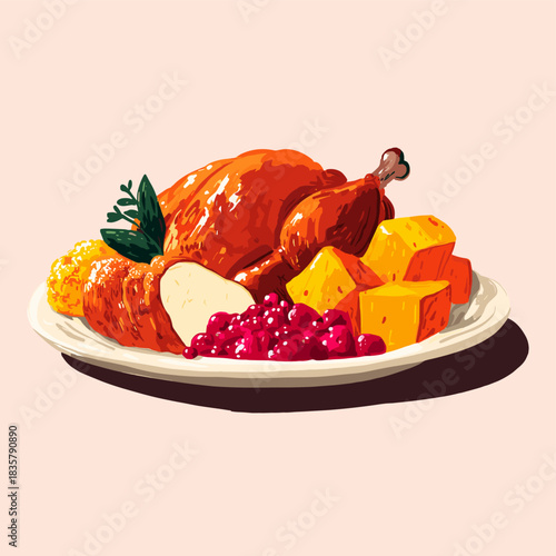 Illustration of a roasted turkey dinner with cranberry sauce and squash on plate