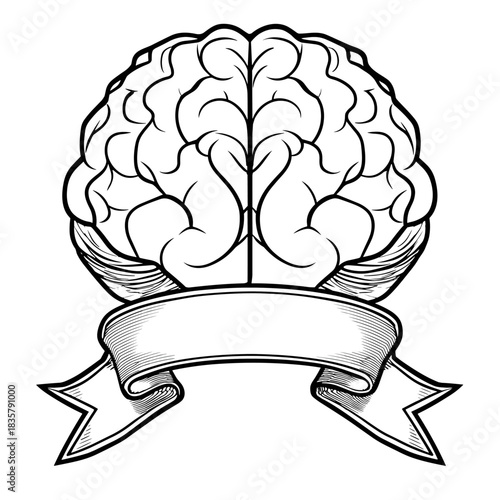 Black and white drawing of a human brain with a blank banner
