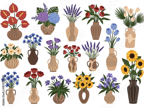 Stylish Vector Illustration of Diverse Boho Flower Vases and Abstract Floral Arrangements