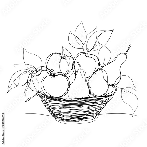 Continuous line drawing of fruit basket with apple and pear