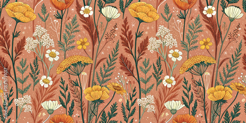 Vibrant floral pattern featuring intricate wildflowers in warm hues on a rustic background.