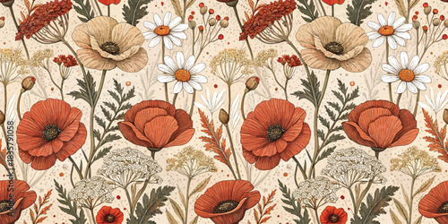 A vibrant floral pattern featuring various types of flowers in warm tones.