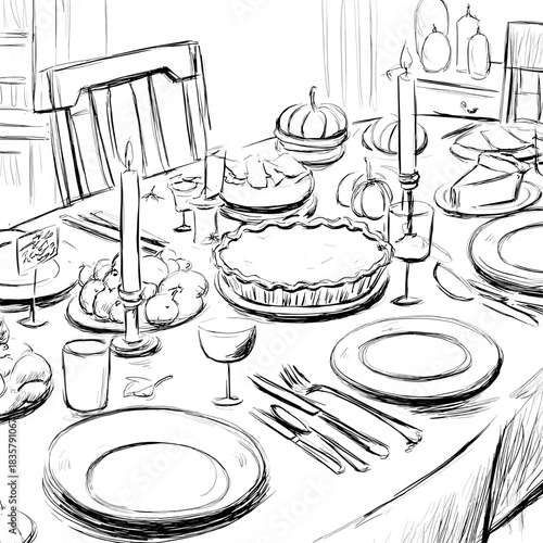 Hand drawn sketch of a festive thanksgiving dinner table setting