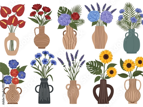 Stylish Vector Illustration of Diverse Boho Flower Vases and Abstract Floral Arrangements