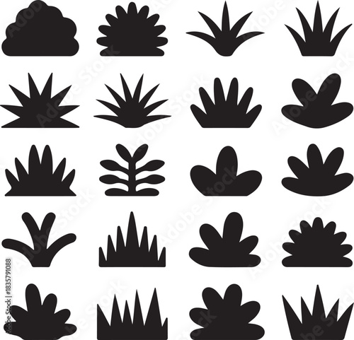 Vector set of grass bushes and plants for landscaping, garden, park, forest, nature design elements in silhouette style, natural foliage