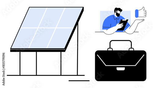 Renewable energy, green business, sustainable entrepreneurship, digital technology, teamwork, modern work solutions. Solar panel, briefcase professional on tablet. Renewable energy and green