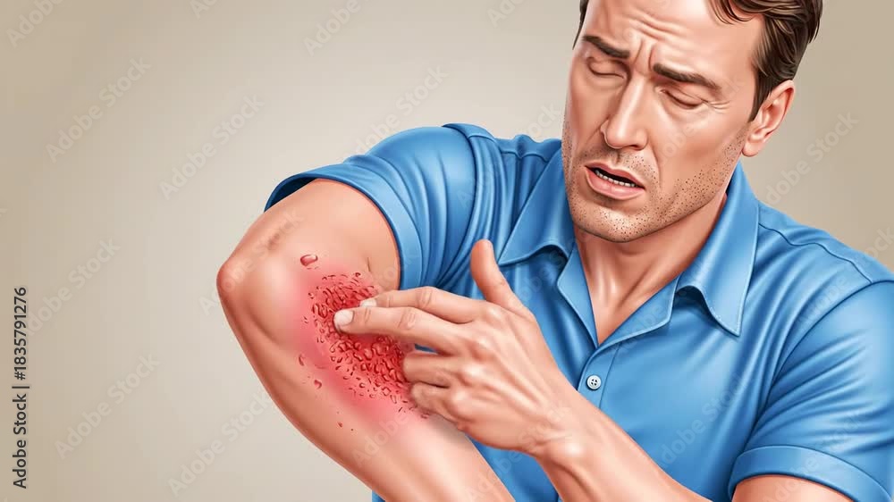 Man Diagnosing And Examining Skin Rash On His Arm As Reaction To ...