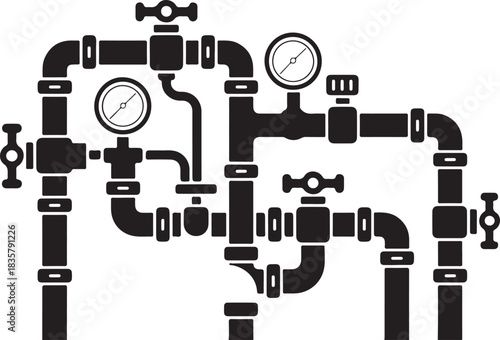 Complex Piping System Featuring Various Pipes, Valves, and Gauges Designed for Industrial or Plumbing Applications on Transparent Backdrop Vector