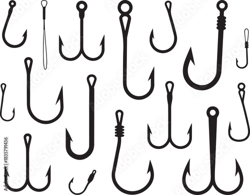 Set of Different Kinds of Fishing Hooks Vector Illustration isolated on transparent background around 130 characters