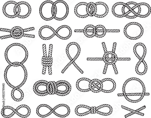 Set of Different Kinds of Nautical Knots, Ropes Vector Illustration isolated on transparent background around 130 characters