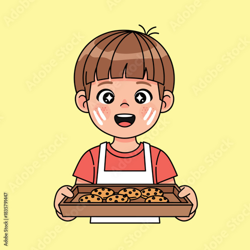 Cute kawaii boy with a baking tray full of delicious cookies, ready to serve from the kitchen