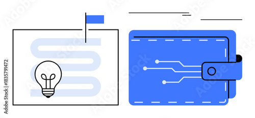 Digital wallet with circuit pattern alongside a lightbulb and flag on a simplified roadmap. Ideal for fintech, innovation, payment systems, startups, technology trends, creative solutions, simple