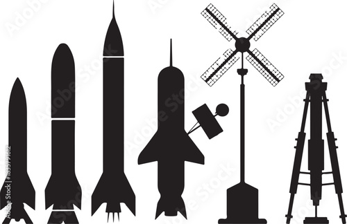 Silhouetted Space Rocket Icon Set with Spacecraft and Satellites for Technological Visualizations Around 130 Characters