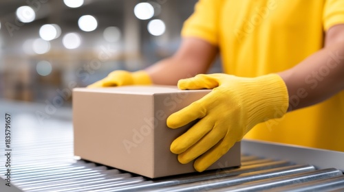 Close-Up of Workers with Gloved Hands Handling a Package in a Warehouse Environment, Focusing on Delivery and Logistics Operations