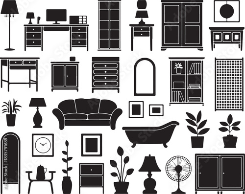 Furniture Icons Collection Featuring Home Interior Decorative Elements of Desk Cabinet Drawer Lamp Table Bathtub Sofa Chair Mirror Clock on Transparent Backdrop