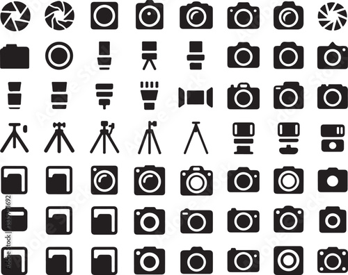 Photography Camera Icons Collection Featuring Lens Focus Tripod Flash and Shutter Symbols for Professional Photo Shooting Equipment on Transparent Backdrop