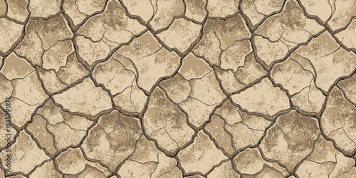 A close-up of dry, cracked earth in varying shades of brown, showcasing a desolate and arid landscape.