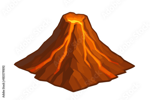 Isometric view of erupting volcano on transparent background