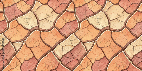 Textured dry earth with cracked patterns in warm hues of orange, pink, and beige.
