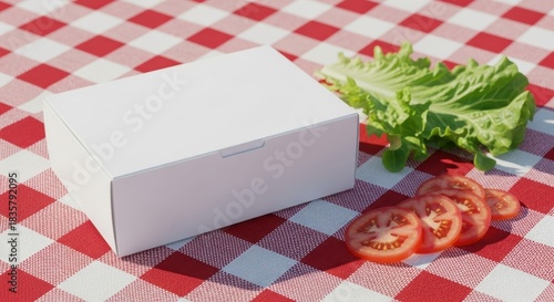 Wallpaper Mural A white cardboard box sits on a red and white checkered tablecloth next to sliced tomatoes and lettuce leaves. Torontodigital.ca