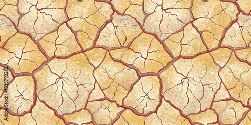 Textured dry earth pattern with cracks and reddish lines, evoking a warm, arid landscape.
