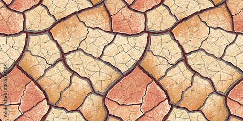 Detail of a textured dry earth pattern with shades of beige and orange, showcasing cracked surfaces.
