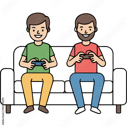 Two Men Enjoying Video Games Together While Sitting On A White Couch Indoors With Green And Red T-Shirts Playing With Controllers In A Casual Setting