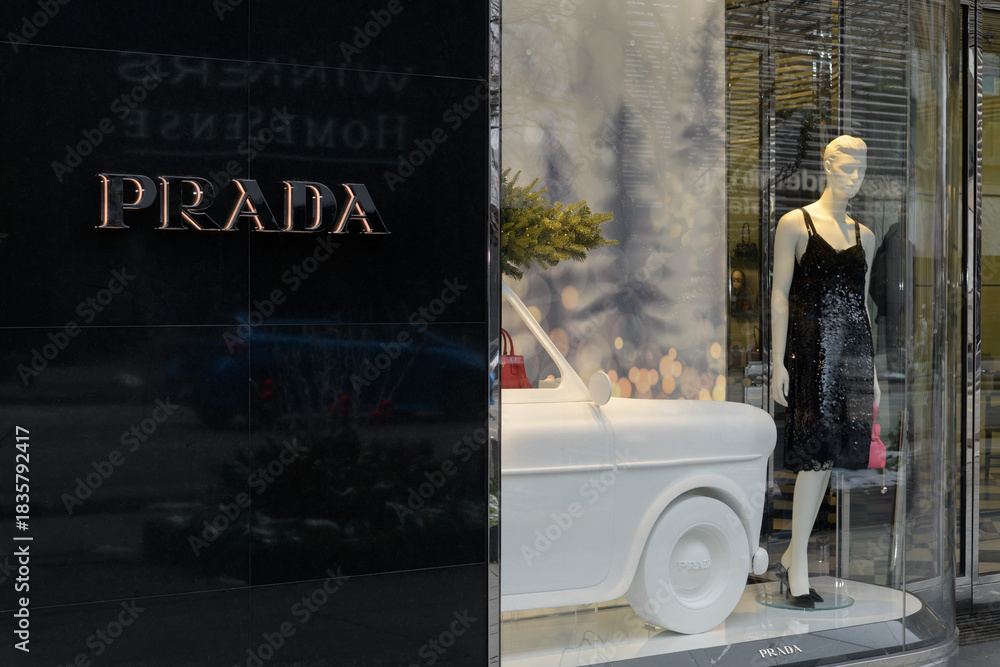 Fototapeta premium exterior of Prada, a clothing store, located at 131 Bloor St W, Unit 105, floor 1, The Colonnade on Bloor, Toronto