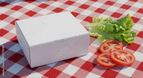 Wallpaper Mural A white cardboard box sits on a red and white checkered tablecloth next to sliced tomatoes and lettuce leaves. Torontodigital.ca