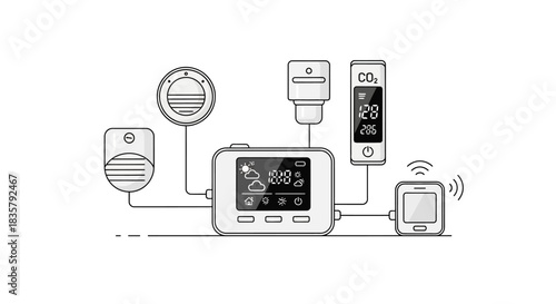 Smart home monitoring system illustration showcasing interconnected devices and automation