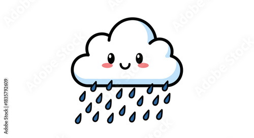 Cute and cheerful cartoon rainy cloud illustration, stylized and friendly weather icon design