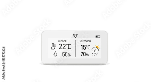 Smart weather station displaying indoor and outdoor temperature and humidity levels
