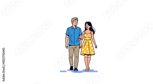 Vector illustration depicting a stylish couple enjoying a leisurely walk on a sunny day