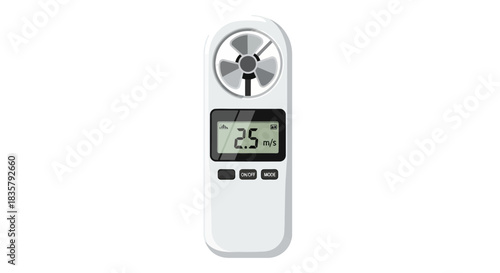 Illustration of a handheld anemometer displaying wind speed measurement details on screen
