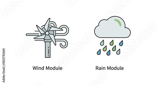 Weather Elements Depiction: Wind Turbine and Rain Cloud, Modern Illustration Style