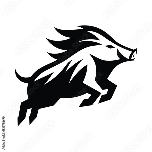 Dynamic tribal wild boar running icon in bold black vector style, featuring sharp stylized lines, strong movement, and an aggressive animal pose