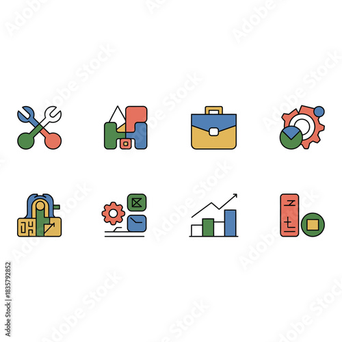 Collection of colorful icons representing business and technology concepts