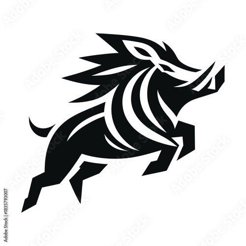 Dynamic tribal wild boar running icon in bold black vector style, featuring sharp stylized lines, strong movement, and an aggressive animal pose