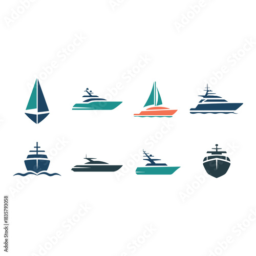 Collection of modern sailboats and motor yachts in various colors