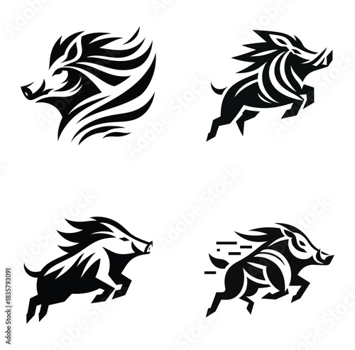 Dynamic tribal wild boar running icon in bold black vector style, featuring sharp stylized lines, strong movement, and an aggressive animal pose