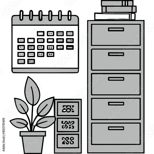 Office supplies including a calendar a filing cabinet and a potted plant in a monochromatic artistic illustration style